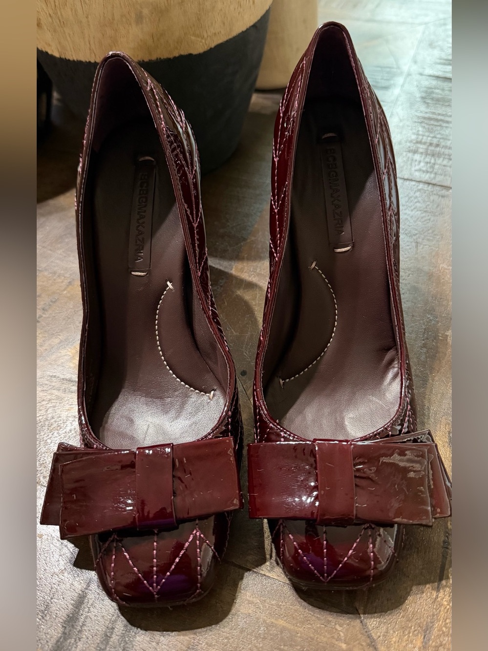 NWOT BCBGMaxAzria Burgundy Quilted Patent Leather Bow Pumps